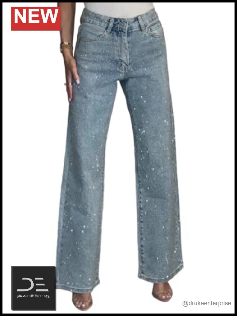 High Waisted Rhinestone Jeans Glitter Sparkly Baggy Straight
